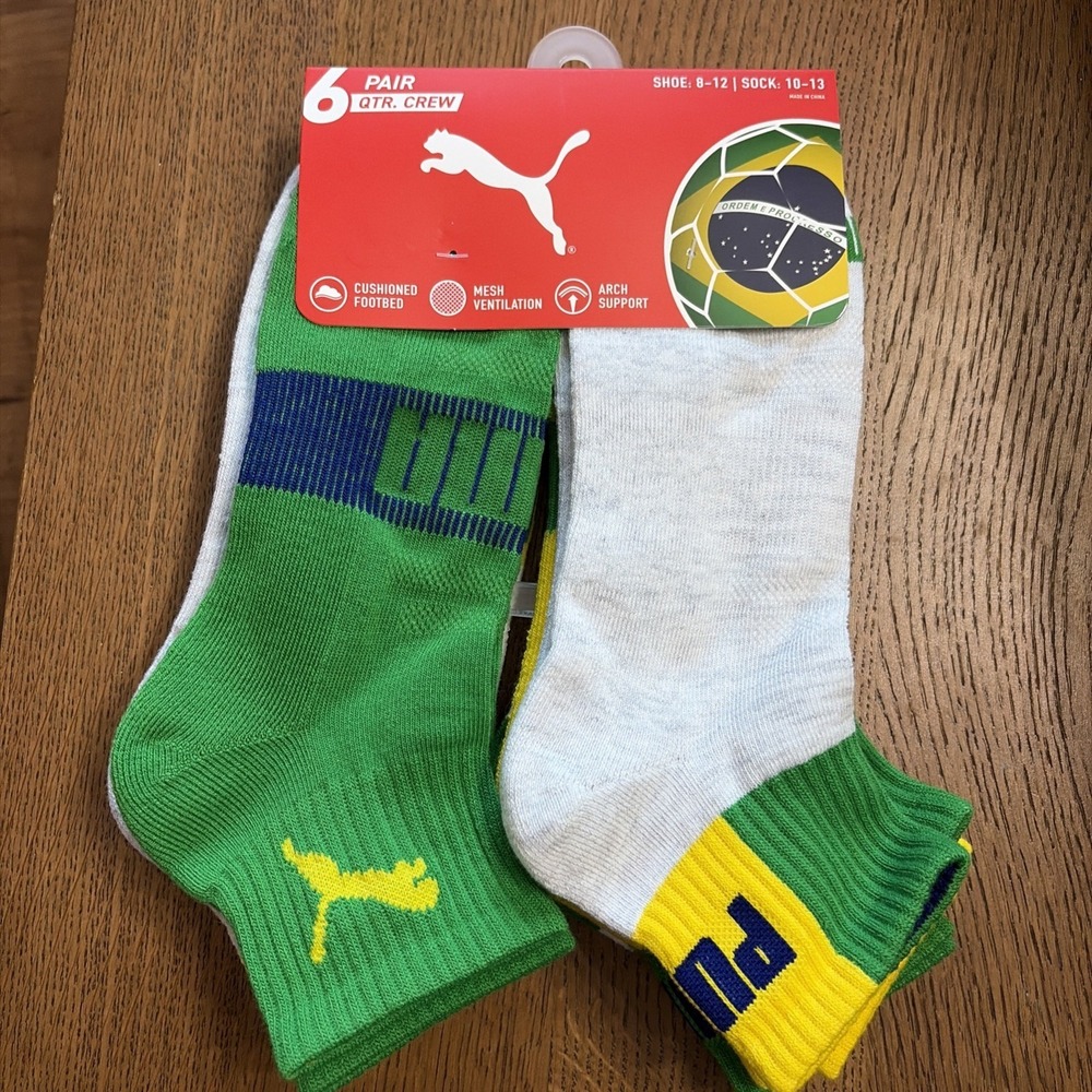 Puma Men's World Cup Soccer Quarter Crew Brasil Brazil Soccer Socks 6 Pair - New